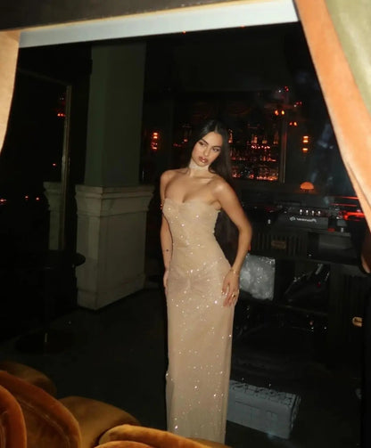 Elegantes, champagnerfarbenes Pailletten-Maxikleid im Meerjungfrauenstil mit Herzausschnitt, bodenlang, figurbetont, ideal für Abschlussball, 20. Geburtstag oder andere festliche Anlässe (N427)