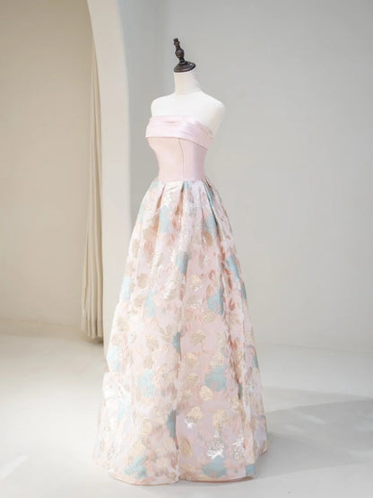 Robe de bal élégante sans bretelles en satin rose à fleurs, robe de soirée longue, tenue pour un 18e anniversaire, robe de remise de diplôme RB1037