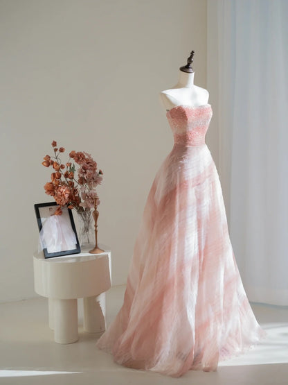 Elegantes, trägerloses Ballkleid aus rosa Tüll mit Kristall- und Perlenstickerei, langes Partykleid, Outfit zum 18. Geburtstag, Abschlusskleid N233
