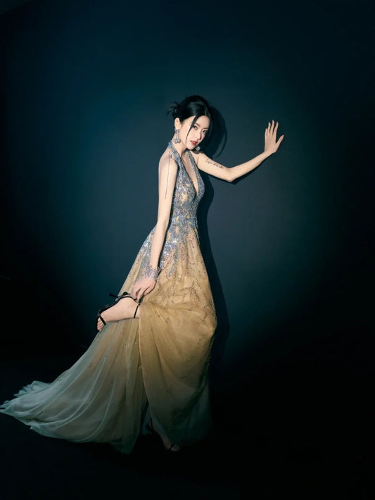 Ballkleid mit Neckholder, Champagnerfarbenes Tüllkleid, langes Abendkleid für den Abschlussball, langes formelles Abendkleid N271