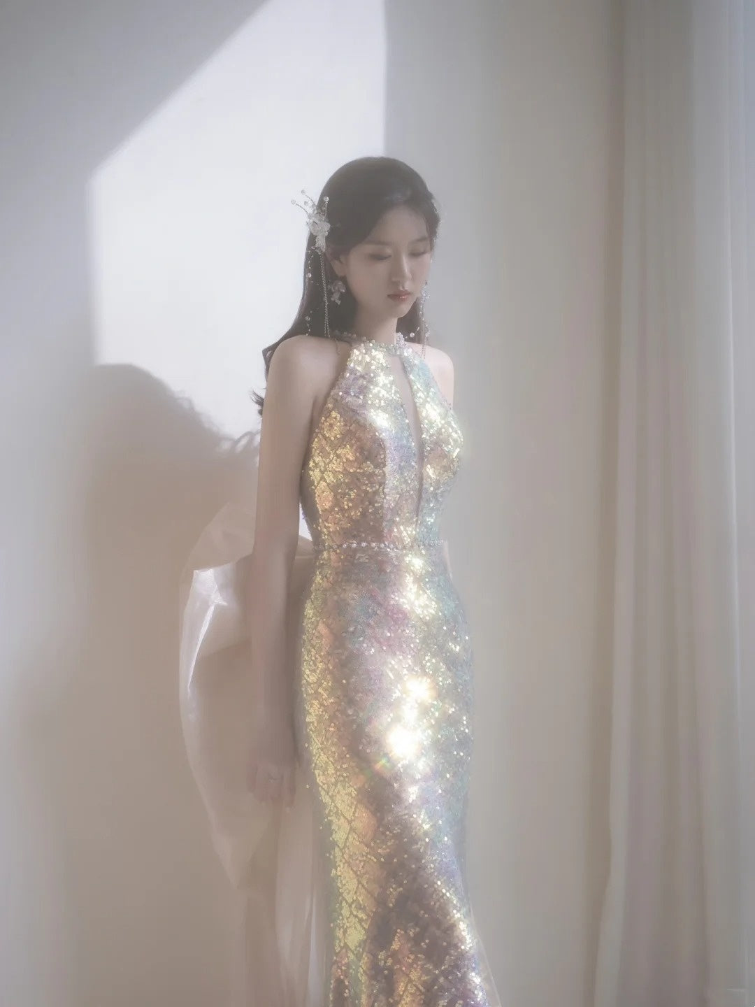 Simple Mermaid Scoop Sequin Long Prom Dresses With Bow Formal Gowns Inspo Evening Outfit N227