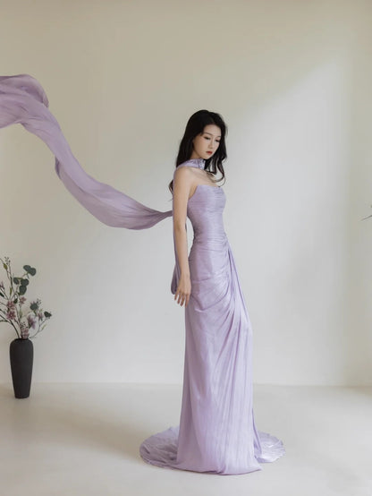 Robe de soirée longue sirène lilas fendue, sans bretelles, N277