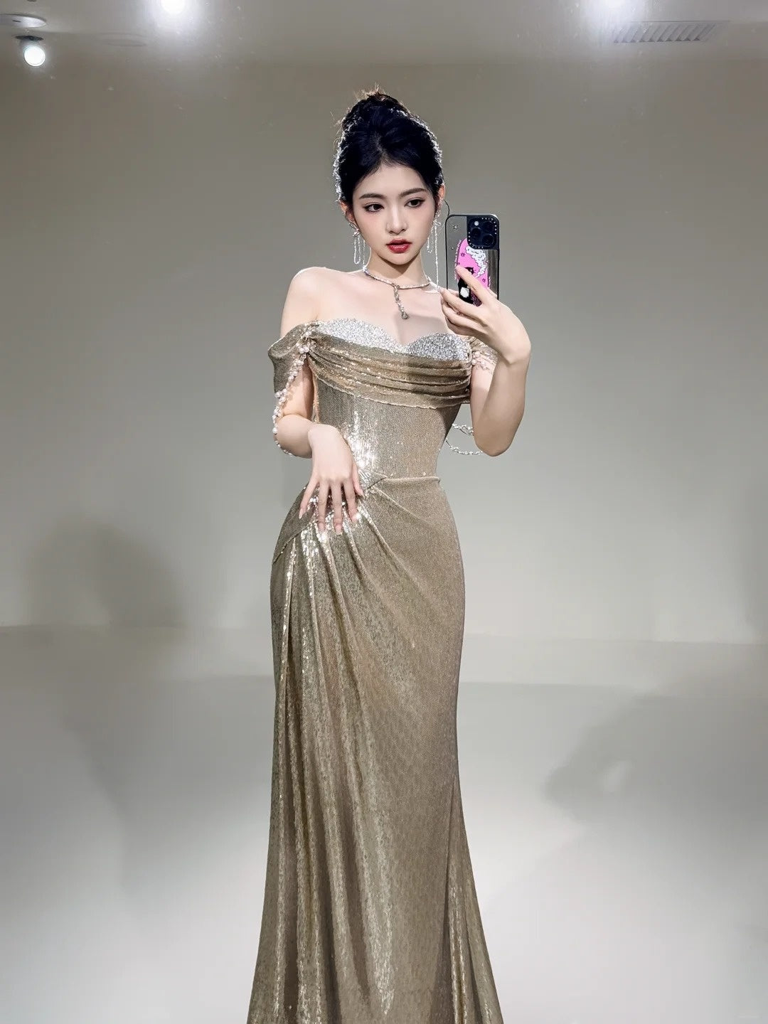Glitter Mermaid Off The Shoulder Sequin Long Prom Dresses Champagne Formal Gowns Inspo Evening Outfit N234