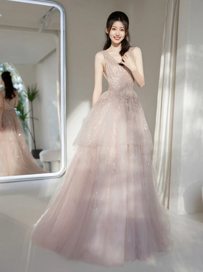 Bezauberndes Ballkleid mit tiefem V-Ausschnitt, rosa Pailletten, langes Abendkleid, beeindruckendes Outfit zum 19. Geburtstag, Abendkleid N236