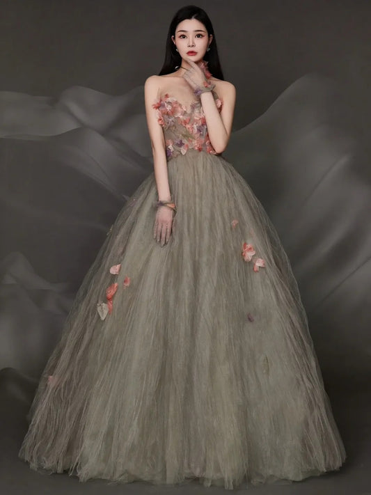 Robe de bal charmante sans bretelles en tulle, longue robe de soirée formelle N275