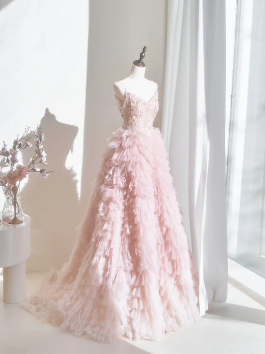Cute Ball Gown Spaghetti Strap Blush Pink Tulle Long Prom Dresses Inspiration Evening Gowns Formal Party Prom Dress N235