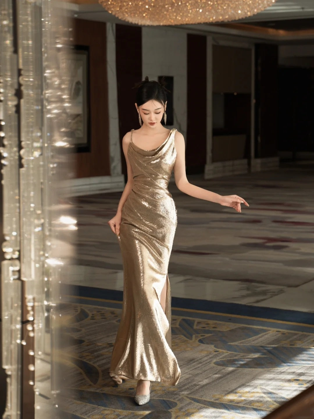 Glitter Mermaid Asymmetrical Neck Sequin Long Prom Dresses Champagne Formal Gowns Inspo Evening Outfit N232