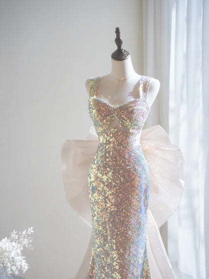 Robe de bal longue à paillettes et col carré, style sirène scintillant, sans manches, robe de soirée A022