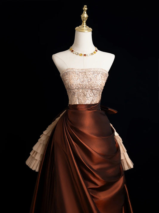 Robe de bal sobre sans bretelles, haut champagne à perles, jupe marron, robe de soirée longue, robe de bal longue, robe de soirée formelle N272