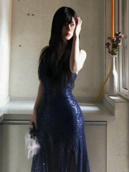Robe de bal longue sirène bleu marine sexy à col en V et lacets, avec fente, AB1826