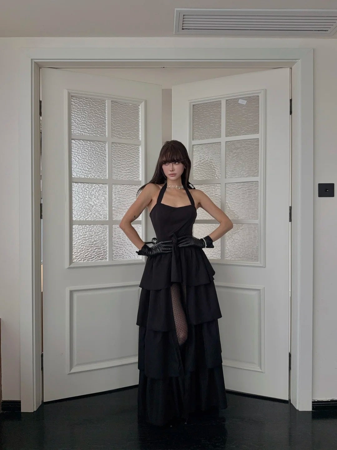 Chic High Low Halter Black Tie Wedding Guest Dress Satin Ruffles Long Prom Dresses Night Semi Formal Gown N698