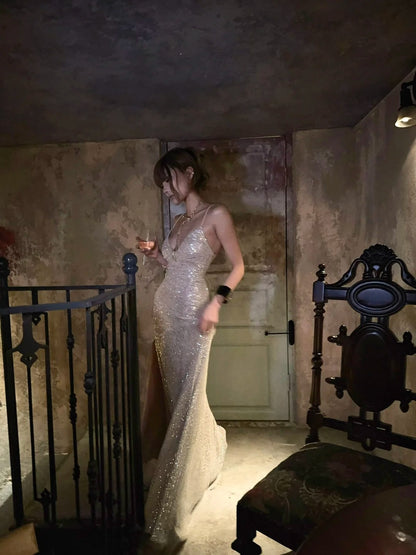 Funkelndes Meerjungfrauen-Abendkleid mit Spaghettiträgern, champagnerfarbenem Paillettenbesatz, langes Ballkleid, formelles Abendkleid für Geburtstagsfeiern N476