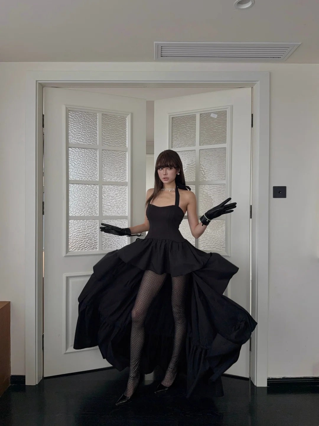 Chic High Low Halter Black Tie Wedding Guest Dress Satin Ruffles Long Prom Dresses Night Semi Formal Gown N698