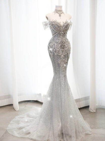 Robe de mariée sirène style conte de fées, épaules dénudées, sequins blancs et corsage perlé, coupe ajustée, référence N673