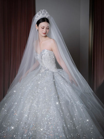 Modern Minimalist Ball Gown Sweetheart Sleeveless White Sequined Brides Gown Bridal Dress Wedding Dresses Style RB6563