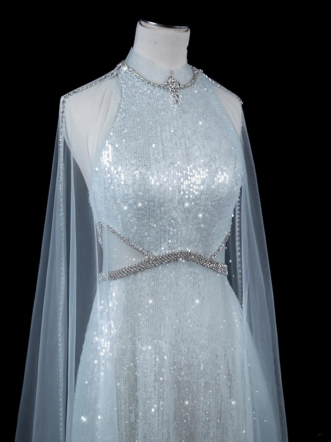 Elegnt A line High Neck Light Sky Blue Sequined Long Prom Dress Fashion Aesthetic High School Formal Dresses Party Outfits Gown N688