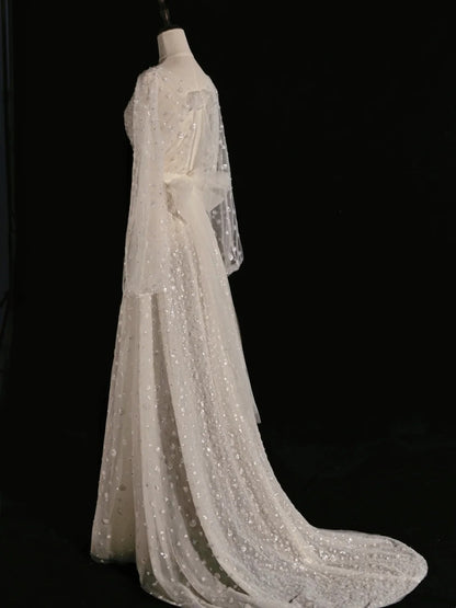 Robe de mariée classique trapèze à col rond et sequins blancs à manches longues - N243