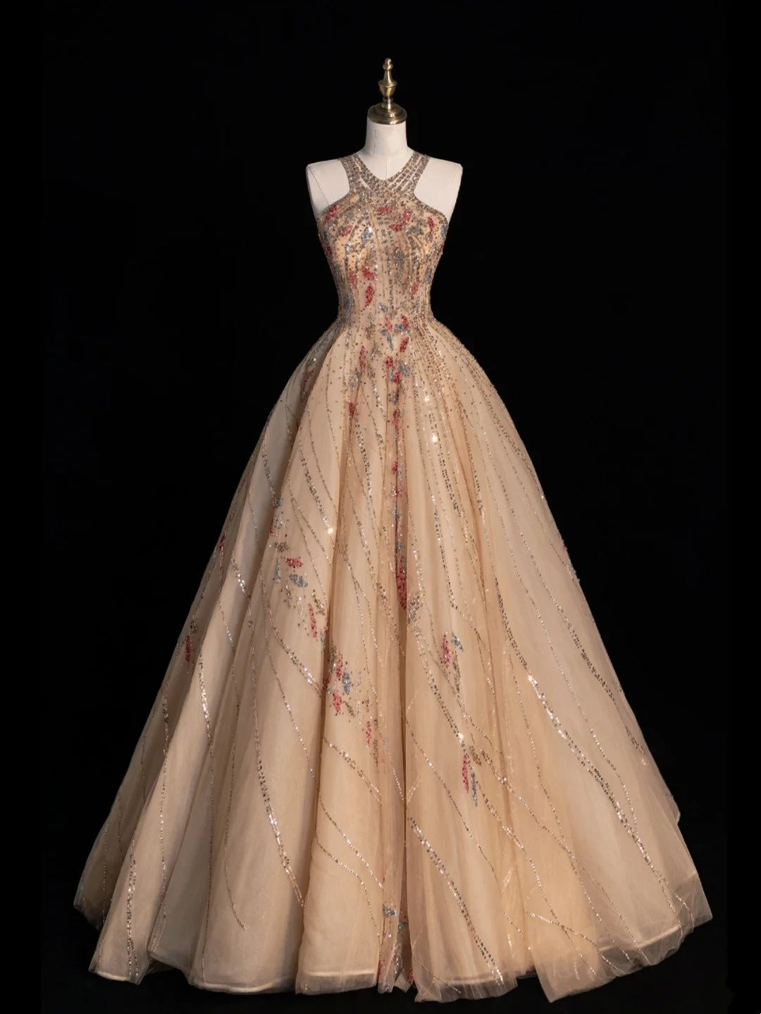 Vintage Ball Gown Halter Champagne Tulle College Formal Outfit Prom Graduation Dresses For Teens N1340