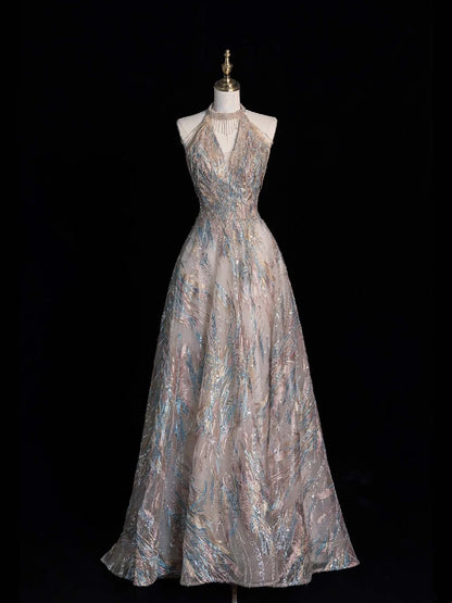 Sparkly A line Halter Sequins Long Formal Evening Dress Gowns Long Prom Dresses N746
