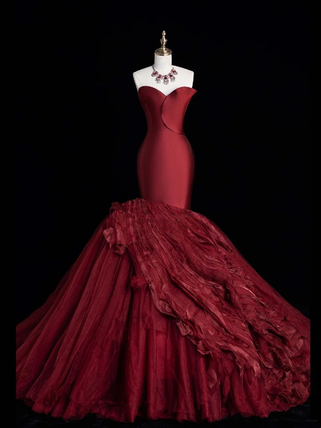 Princess Mermaid Sweetheart Burgundy Tulle Pleated Ruffles Satin Long Formal Evening Dress Gowns Prom Dresses N745