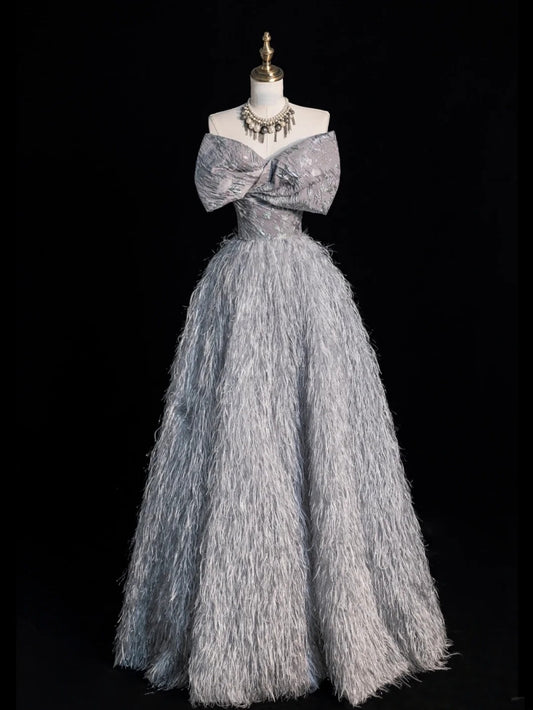 Princess Ball Gown Sweetheart Grey With Bow Feathers Tulle Long Formal Evening Dress Gowns Formal Prom Dresses N751