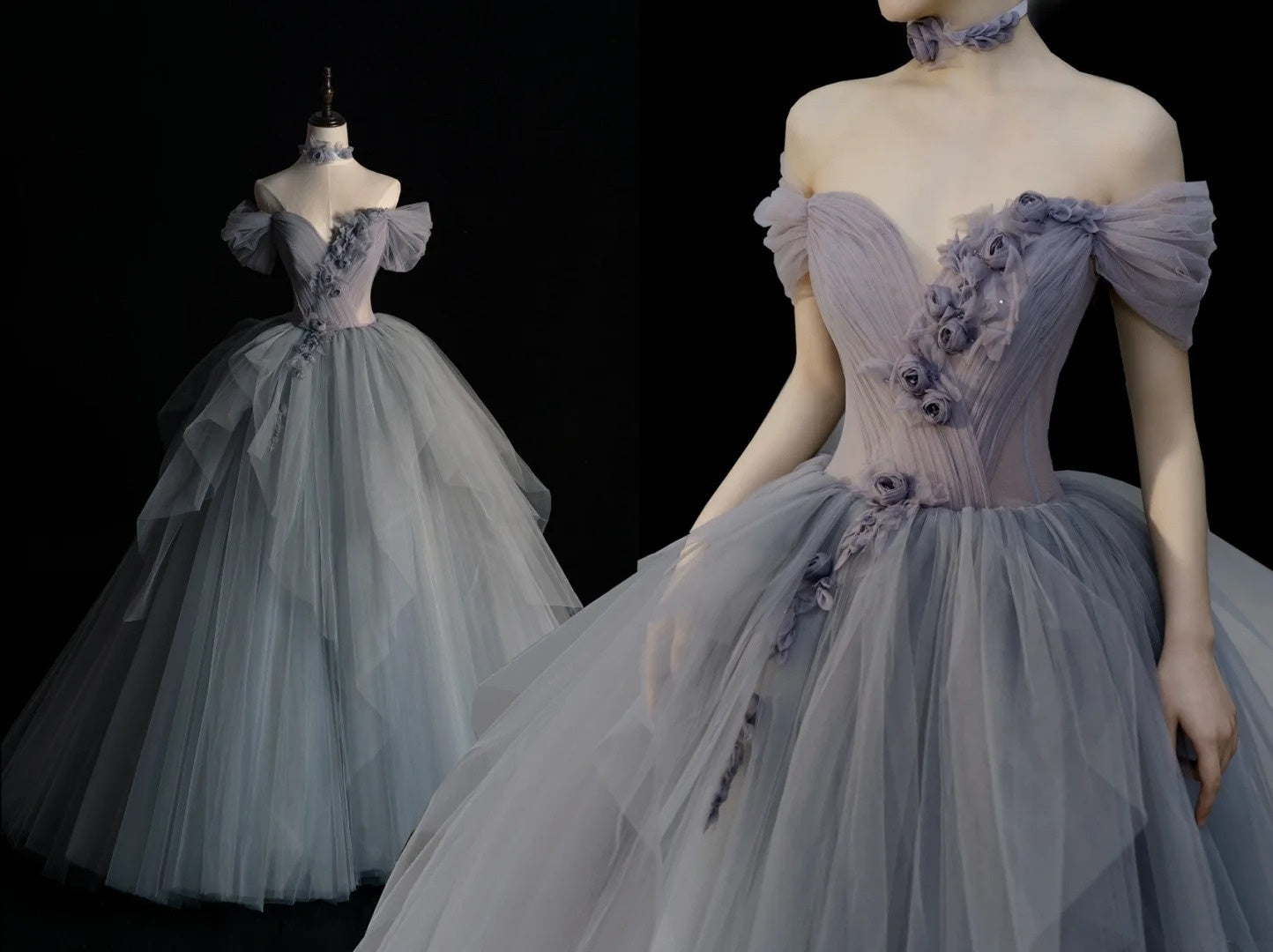 Robe de bal modeste à épaules dénudées en tulle argenté, inspiration robes de soirée, robe de princesse formelle N1280