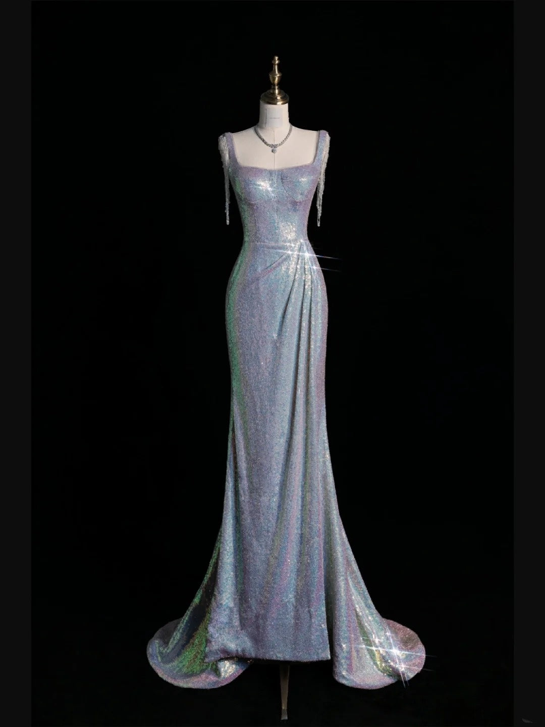 New Mermaid Square Neck Sequins Silver Long Prom Dresses For High School Teens Girls Formal Bridesmaid Dress N1074