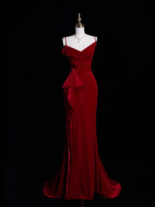 Robe de bal sirène modeste à fines bretelles en velours rouge - Inspiration robe de bal robe de princesse pour remise de diplôme B357