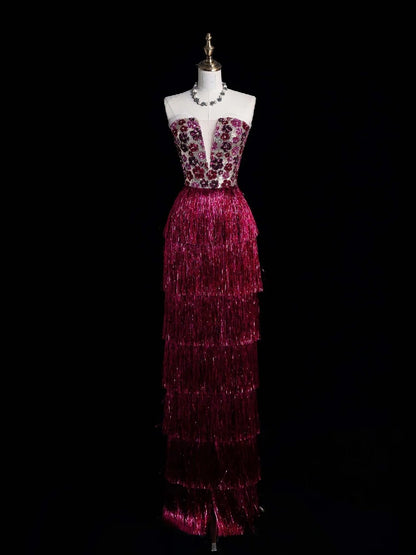 Charming Sheath Strapless Pink Sequins With Tassels Long Prom Dresses Evening Outfits Formal Dress N1073