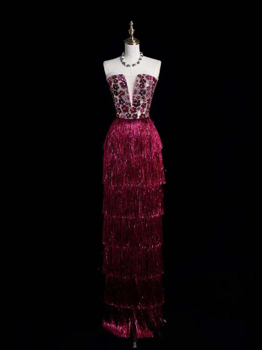 Bezauberndes, trägerloses, langes Paillettenkleid mit Quasten in Rosa für Ball und Abend, formelles Kleid N1073