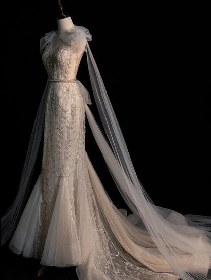 Sparkly Wedding Dresses Mermaid V Neck Ivory Sequins Long Brides Dress Fitted Bridal Gown N1353