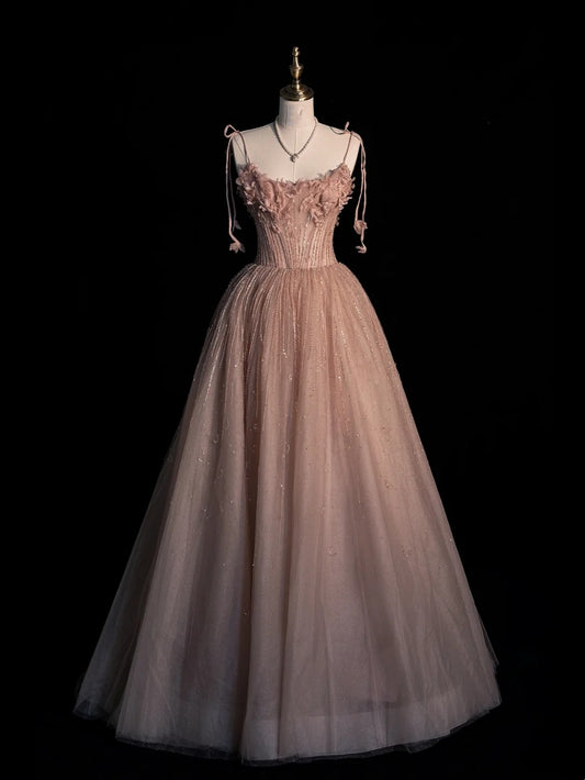 Beautiful Ball Gown Spaghetti Strap Pink Tulle Long Prom Dresses Inspiration Evening Gowns Formal Dress N1221