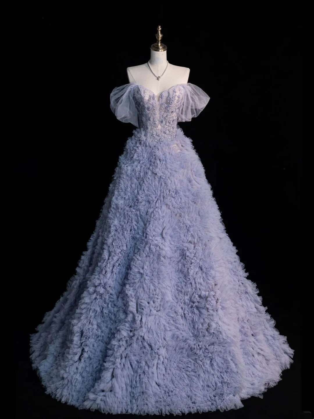 Robe de bal princesse bleu poudré à épaules dénudées avec tulle appliqué, longue robe de soirée formelle, robe de bal de fin d'année N752