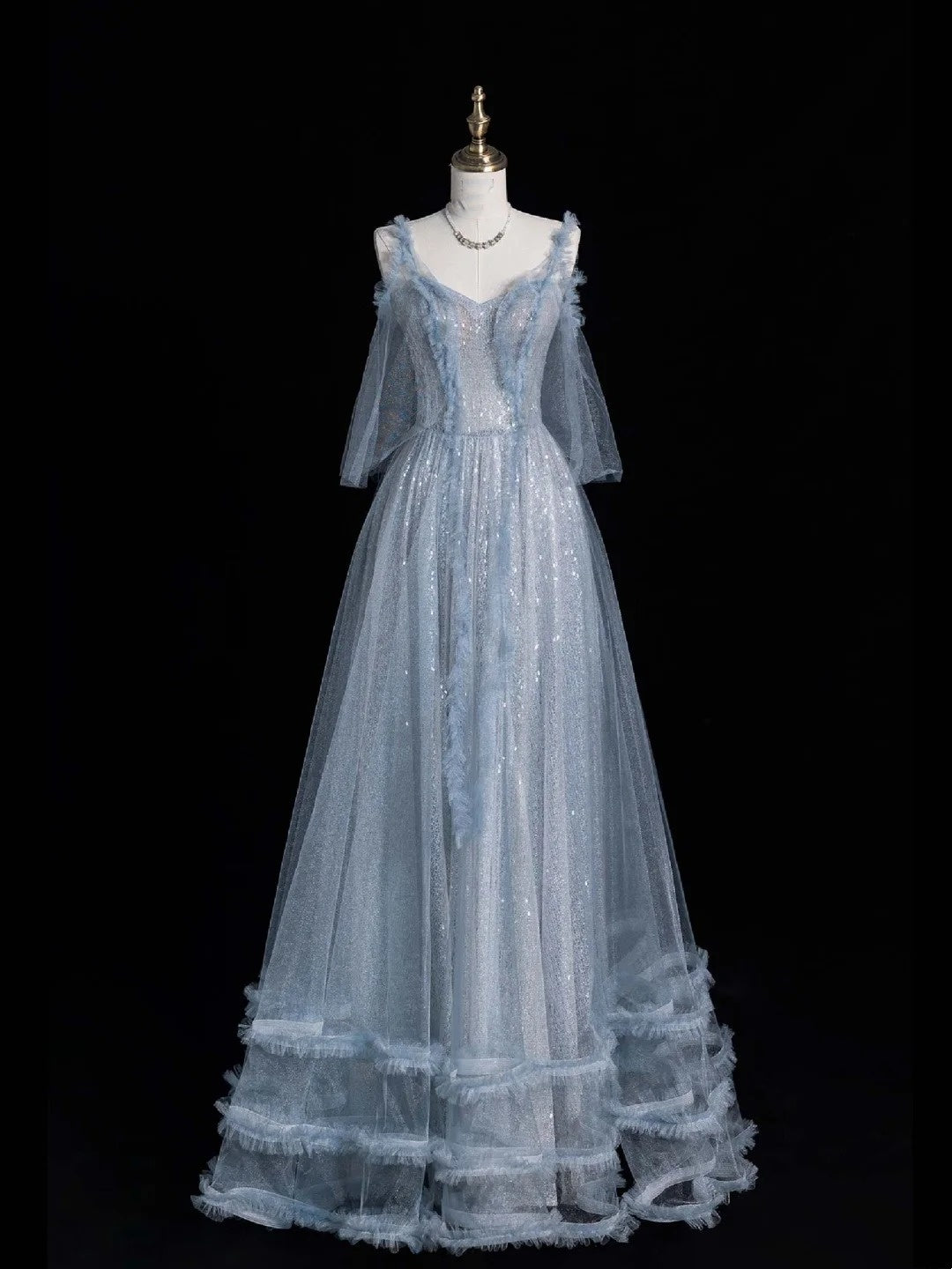 Beautiful Ball Gown Spaghetti Strap Blue Tulle Long Prom Dresses Inspiration Evening Gowns Formal Dress N1223