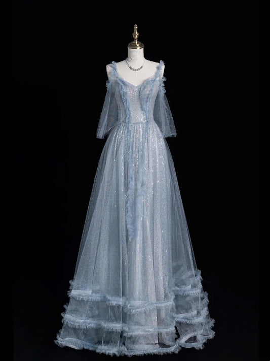 Beautiful Ball Gown Spaghetti Strap Blue Tulle Long Prom Dresses Inspiration Evening Gowns Formal Dress N1223