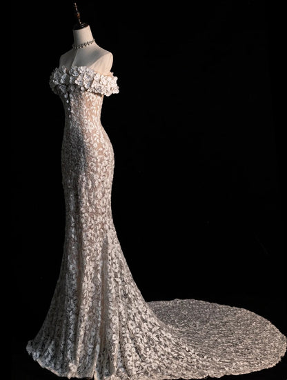 Robe de mariée sirène classique blanche à épaules dénudées et manches courtes, ornée de sequins N244