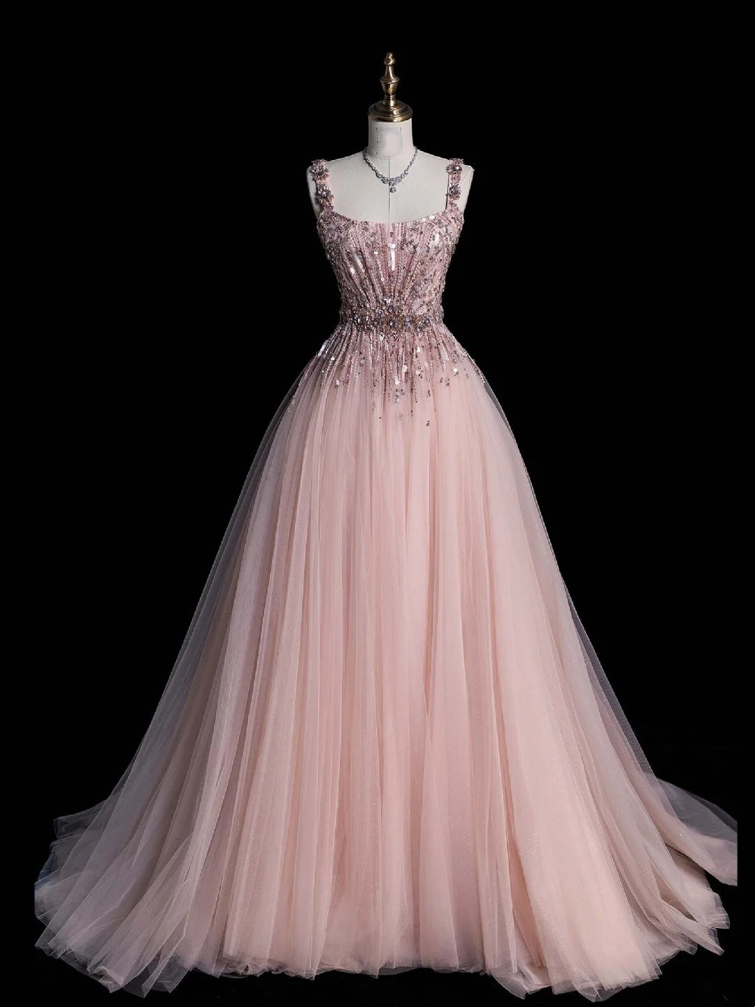 Elegant Ball Gown Square Neck Pink Tulle Long Prom Dresses For Teens Evening Outfits Formal Dress N1084