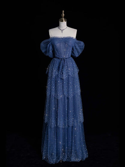 Robe de bal bleu marine en tulle, coupe trapèze, épaules dénudées et manches, inspiration princesse, référence N764