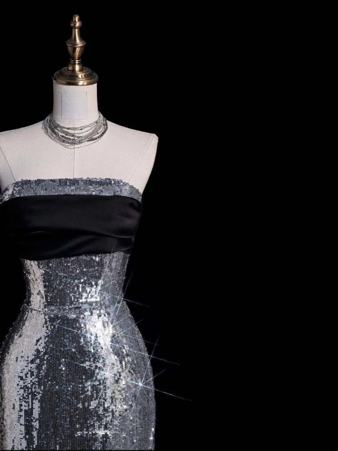 Funkelndes, trägerloses, graues Pailletten-Abendkleid im Meerjungfrauenstil, ärmellos, lang, für Damen und Mädchen, N666
