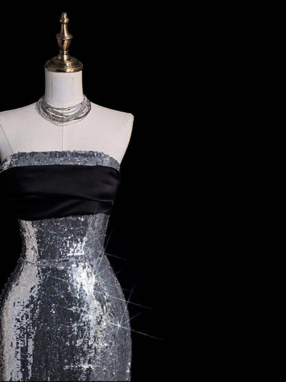 Funkelndes, trägerloses, graues Pailletten-Abendkleid im Meerjungfrauenstil, ärmellos, lang, für Damen und Mädchen, N666