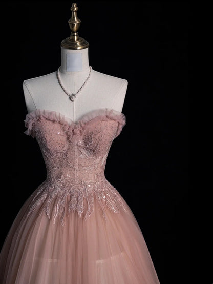 Robe de bal longue rose en tulle à fines bretelles - Inspiration robes de soirée - Robe de bal formelle N1214