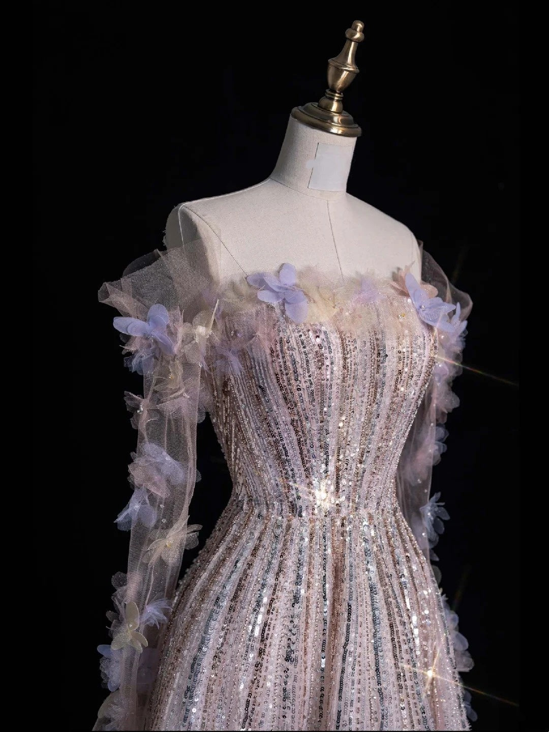 Prinzessinnen-Abendkleid in A-Linie, schulterfrei, paillettenbesetzt, lang, formell, Ballkleid N741