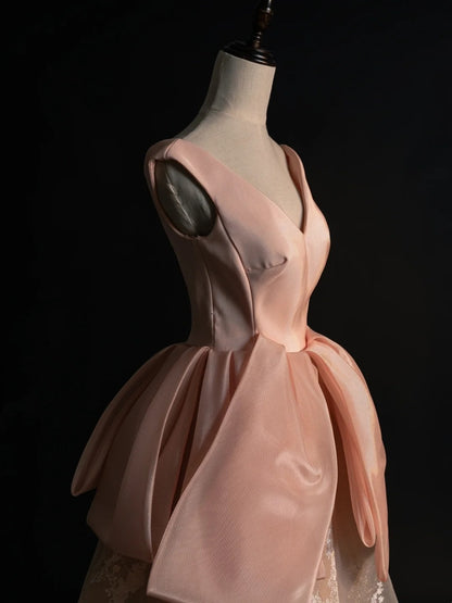 Robe de bal princesse en satin rose poudré, col en V, tenue de soirée pour l'université, robe de fin d'année pour adolescentes N1345