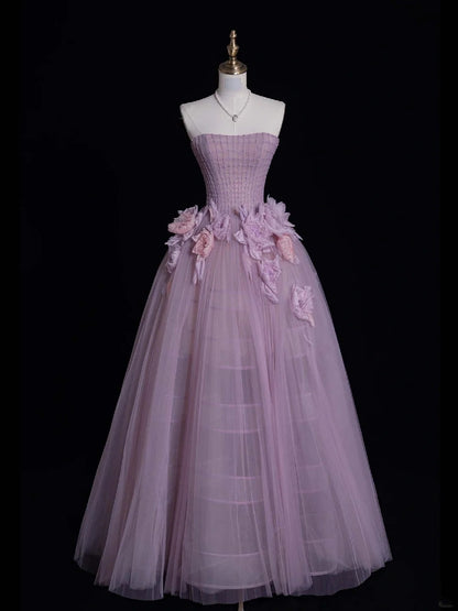 Robe de bal modeste sans bretelles en tulle lilas, longue robe de soirée formelle, robe de bal de fin d'année N747