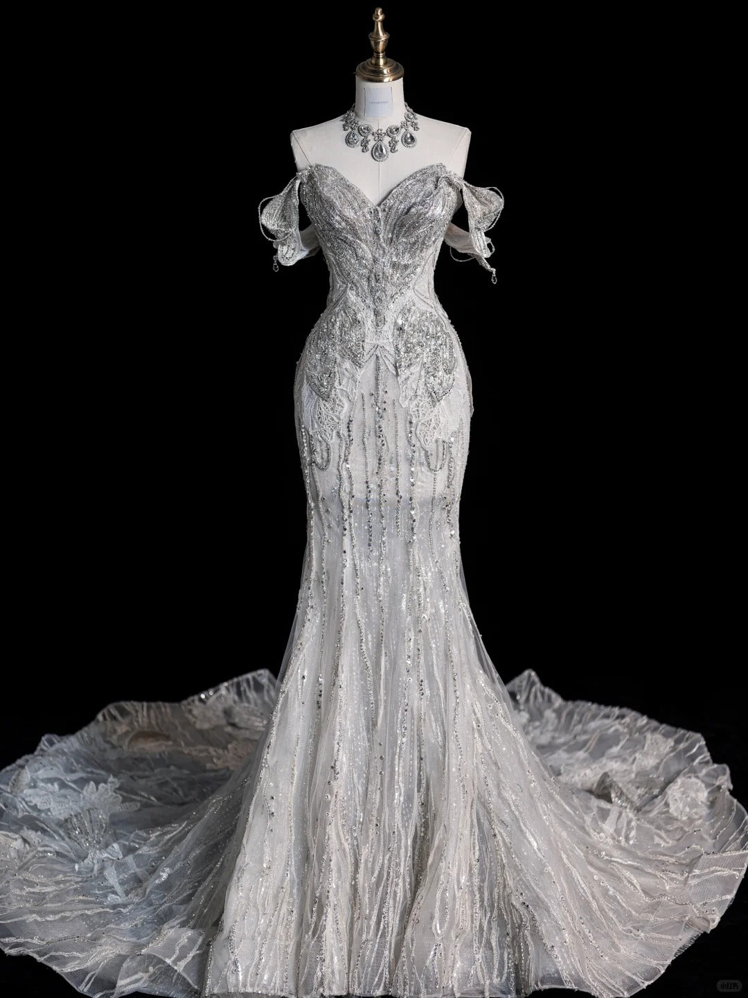 Sparkly Mermaid Off The Shoulder Gray Court Train Brides Gown Bridal Dress Style Long Wedding Dresses RB6557