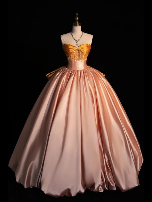Robe de bal modeste sans bretelles en satin rose, inspiration robes de soirée, robe de princesse formelle N1281