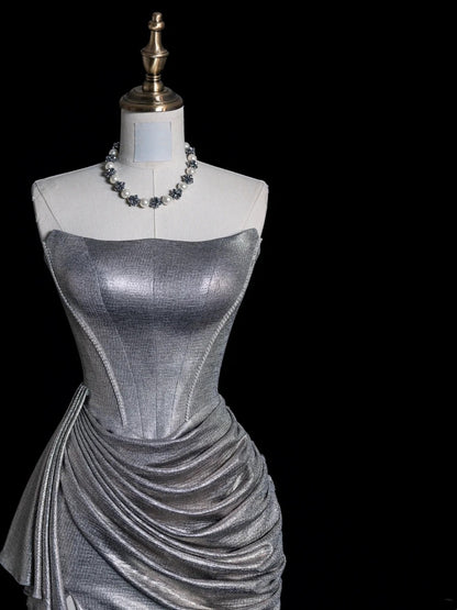 Robe de bal longue sirène sans bretelles, sequins gris argentés, corsage plissé, robe de soirée N611