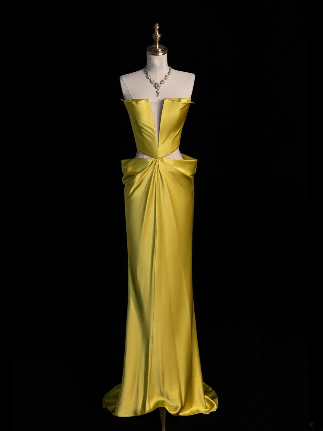 Elegantes, trägerloses, ärmelloses Meerjungfrauen-Abendkleid aus gelbem Satin im 80er-Jahre-Stil, langes formelles Kleid für die Oberstufe (N1339)