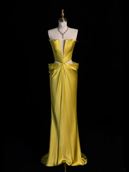 Elegantes, trägerloses, ärmelloses Meerjungfrauen-Abendkleid aus gelbem Satin im 80er-Jahre-Stil, langes formelles Kleid für die Oberstufe (N1339)