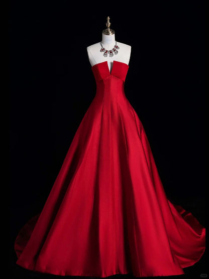 Elegantes, trägerloses, rotes Ballkleid mit Falten und Rüschen, langes Abendkleid, halbformelles Kleid N691